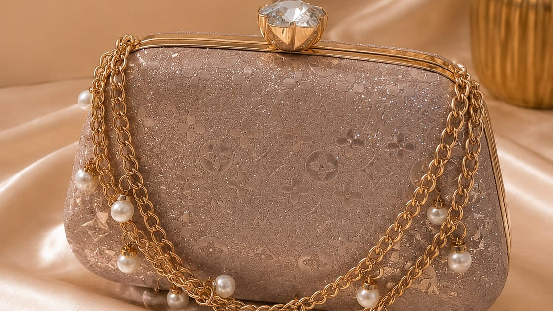 Silver clutch with gold chains and pearls on a beige fabric background with 'Elegance' text.