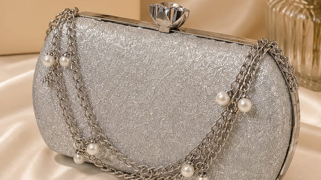 Silver clutch bag with pearl embellishments on a beige fabric background with 'Elegance' branding.
