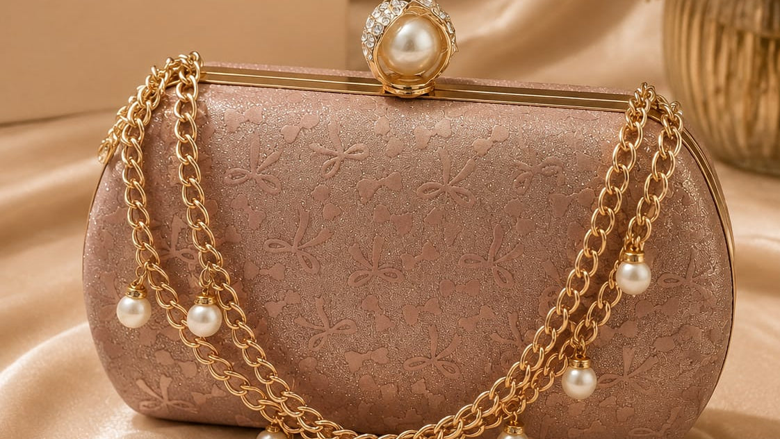 Pink handbag with gold chain and pearls on a beige fabric background, featuring the brand 'Elegance'.