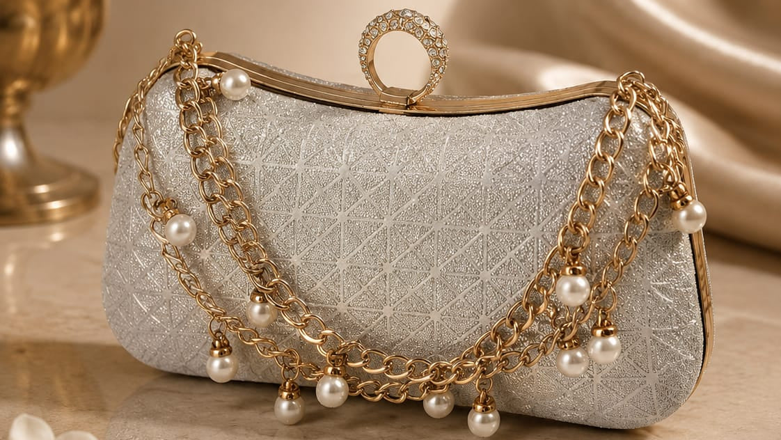 Silver handbag with gold chains and pearls on a beige background, featuring the 'Elegance' brand.