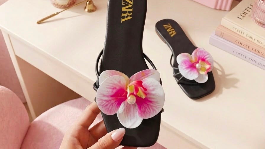 Black sandals with pink flowers held by a hand on a vanity table with a mirror and flowers.