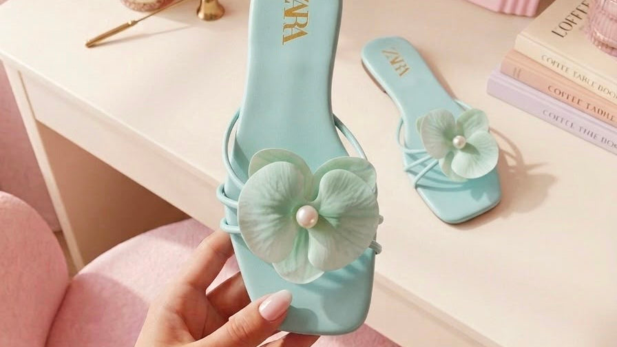 Light blue sandals with floral design held by a hand in a room with pink decor.