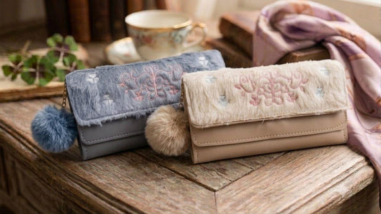 Two long wallet clutch purses with embroidered floral details and fluffy pom-poms, displayed on a rustic wooden table with a teacup, books, and a scarf in the background.